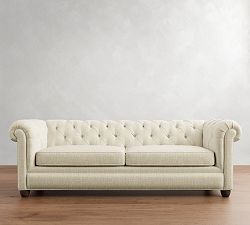 Open Box: Chesterfield Roll Arm Grand Sofa (98"), 2 Cushions - Performance Heathered Basketweave Ivory