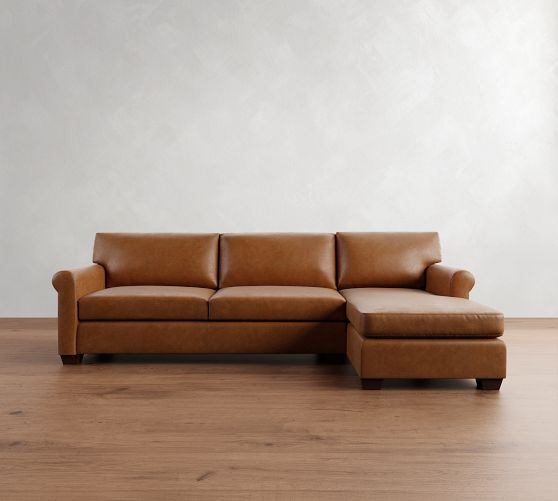 York Roll Arm Leather Chaise Sectional (91"-121") by Pottery Barn