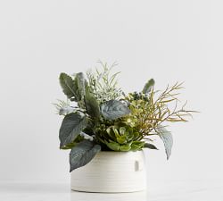Faux Composed Evergreen Succulent Arrangement In Ceramic Planter