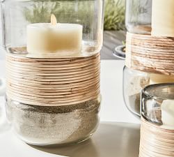 Open Box: Palm Woven Rattan &amp; Glass Hurricane Candleholder