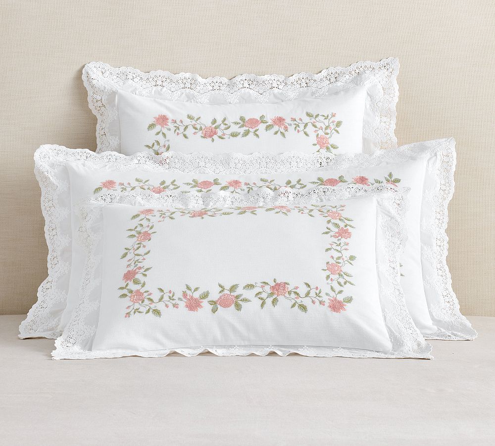 LoveShackFancy Pink Embroidered Rose Sham by Pottery Barn