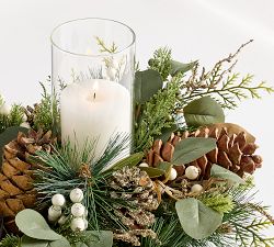 Faux White Berry Pine Candle Holder Centerpiece