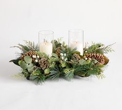 Faux White Berry Pine Candle Holder Centerpiece