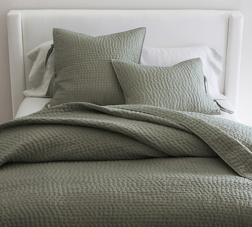 Pick-Stitch Handcrafted Cotton Linen Quilt - Loden, King/Cal. King