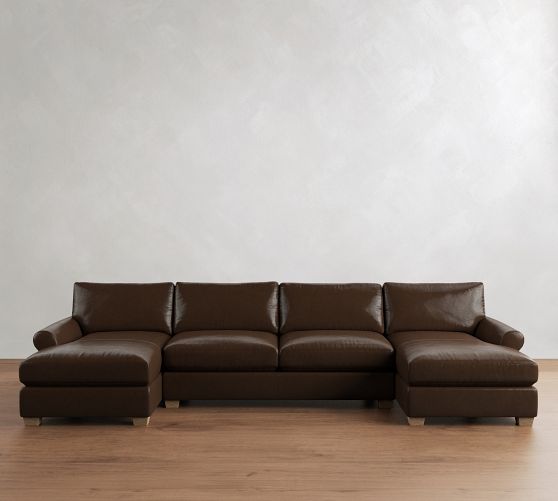 PB Comfort Modern Roll Arm Leather Double Chaise Sectional (135"-170") by Pottery Barn