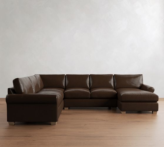 PB Comfort Modern Roll Arm Leather 4-Piece Chaise Sectional (137") by Pottery Barn