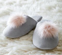 Velvet Pom Pom Slippers