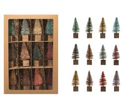 Bottle Brush Tree's On Wood Base, Set Of 12 - Blue/Plum Multi