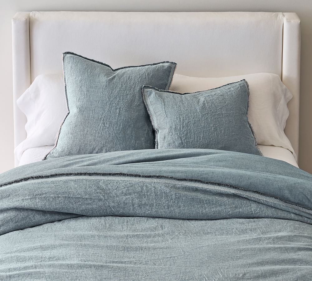 Belgian Flax Linen Fringed Border Stitch Duvet Cover - Chambray/White Border, King/Cal. King