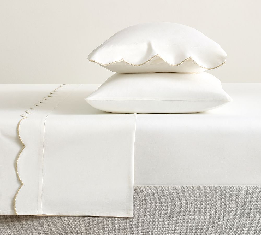 Scalloped Embroidered Sheet Set - White/Flax, Queen