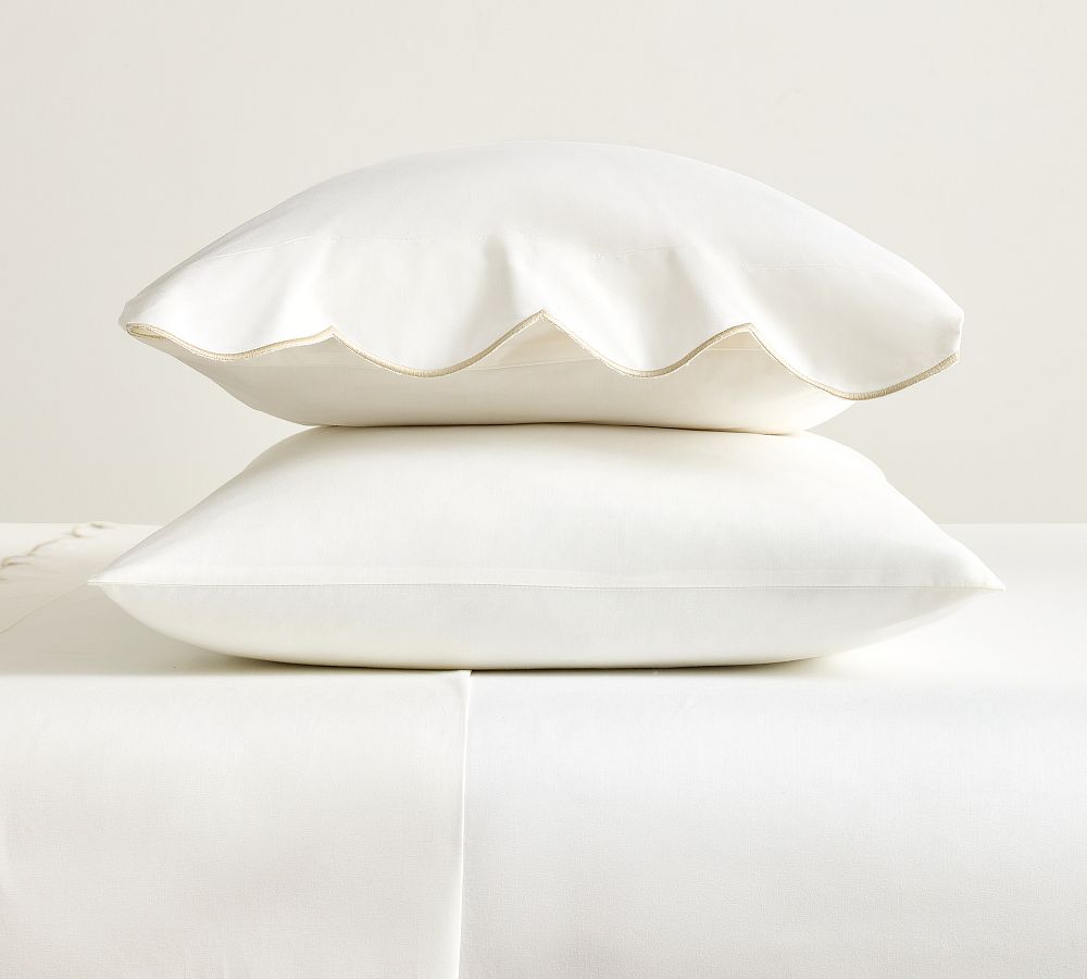 Scalloped Embroidered Pillowcases - Set of 2 - White/Flax, Standard