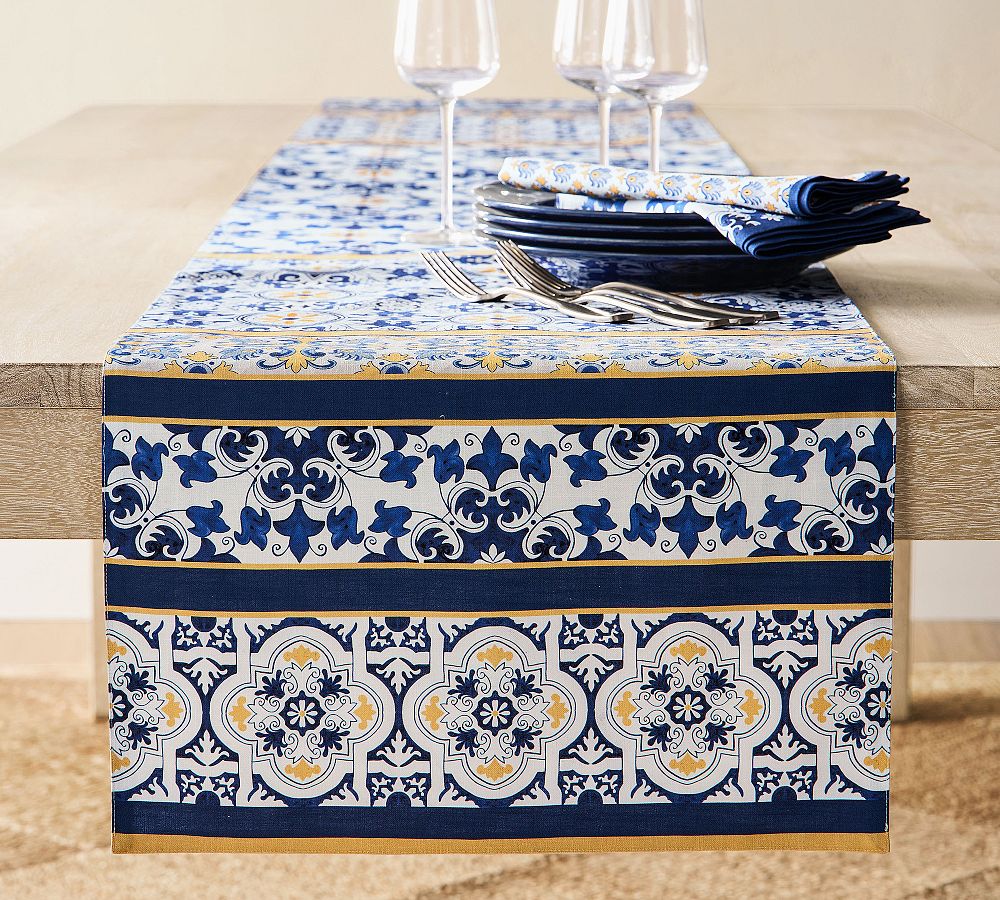 Mosaic Organic Cotton Table Runner - 18x108" - Blue