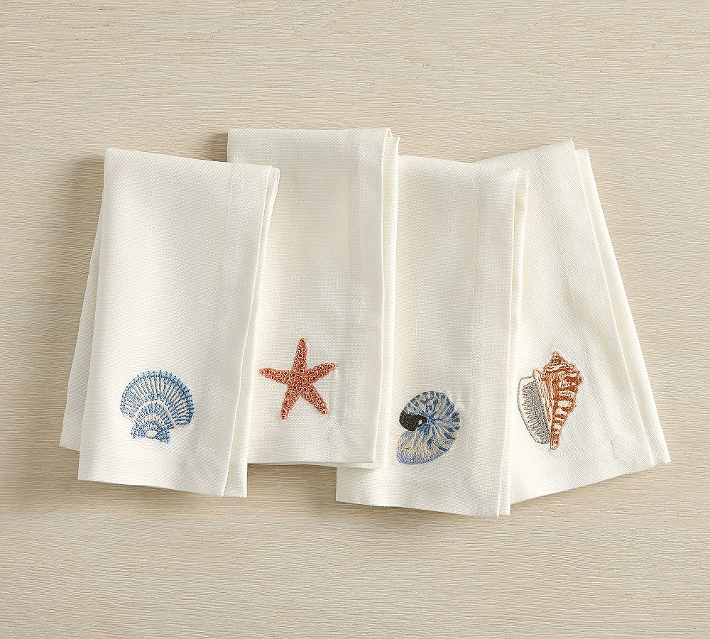 Enchanted Sea Embroidered Icon Cotton Napkins - Mixed Set of 4 - Mixed Set of 4 - Multi
