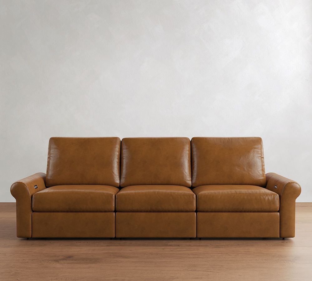 PB Comfort Modern Roll Arm Leather Power Reclining Sofa (85"-118") by Pottery Barn