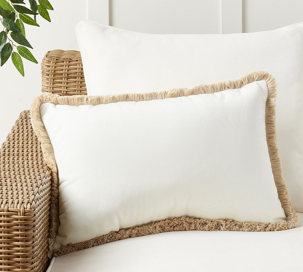 Sunbrella® Solid Fringe Outdoor Lumbar Pillow - Natural, 16" x 24"