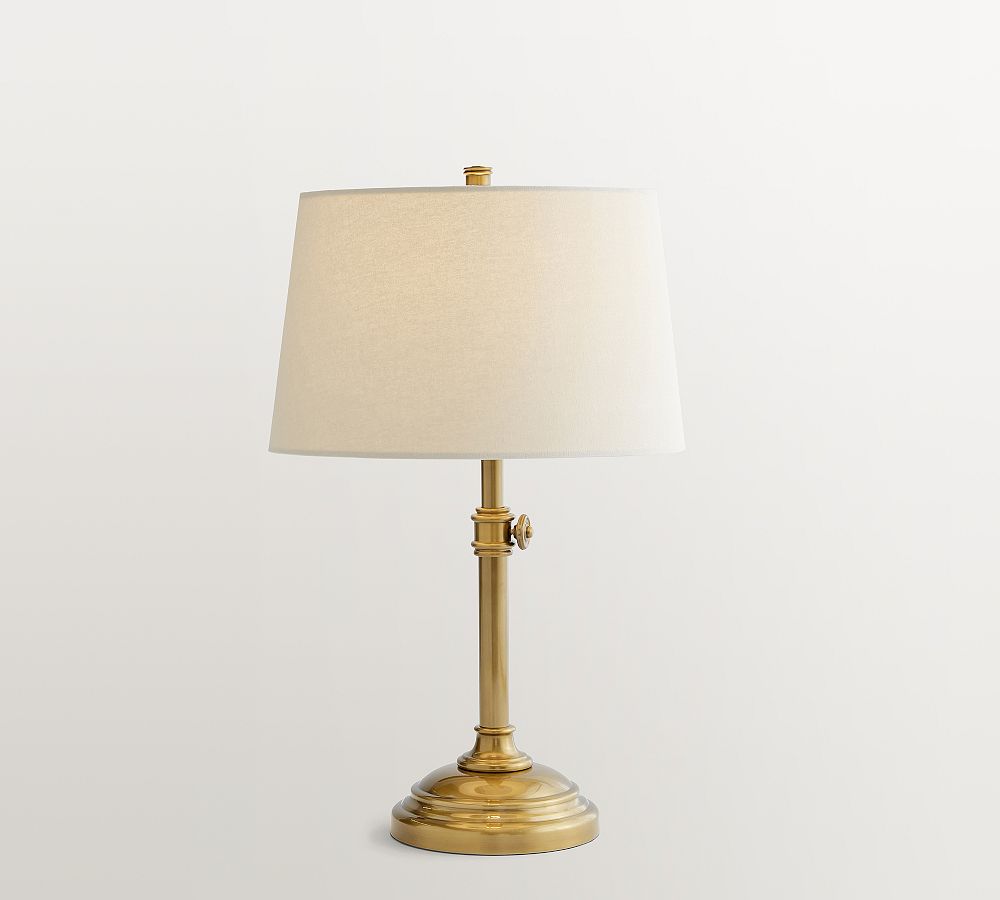 Chelsea Metal Adjustable USB Table Lamp (28"-32") - Brass with Small Tapered Gallery Shade, Sand