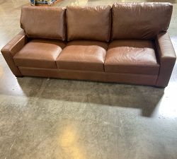 Open Box: Turner Petite Square Arm Leather Sofa 94" 3-Seat Cushion, Dark Walnut Finish, Down Blend Wrapped Cushions, Gravel Chocolate