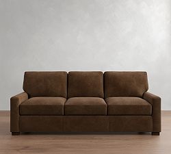 Open Box: Turner Petite Square Arm Leather Sofa 94" 3-Seat Cushion, Dark Walnut Finish, Down Blend Wrapped Cushions, Gravel Chocolate