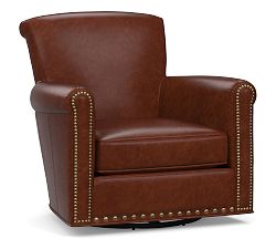 Open Box: Irving Roll Arm Leather Swivel Armchair with Nailheads (33") - Statesville Molasses