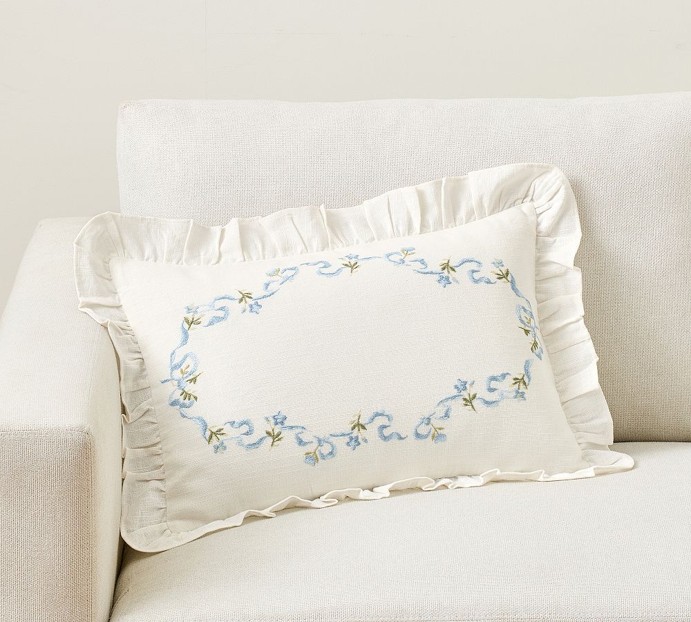 LoveShackFancy Floral Embroidered Lumbar Pillow Cover - Blue Multi, 14 x 20