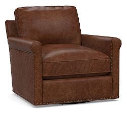 Open Box: Tyler Roll Arm Leather Swivel Armchair with Nailheads (36") - Gravel Walnut