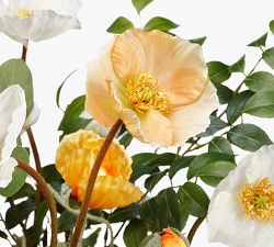 Faux Yellow &amp; White Poppy Arrangement In Glass Vase