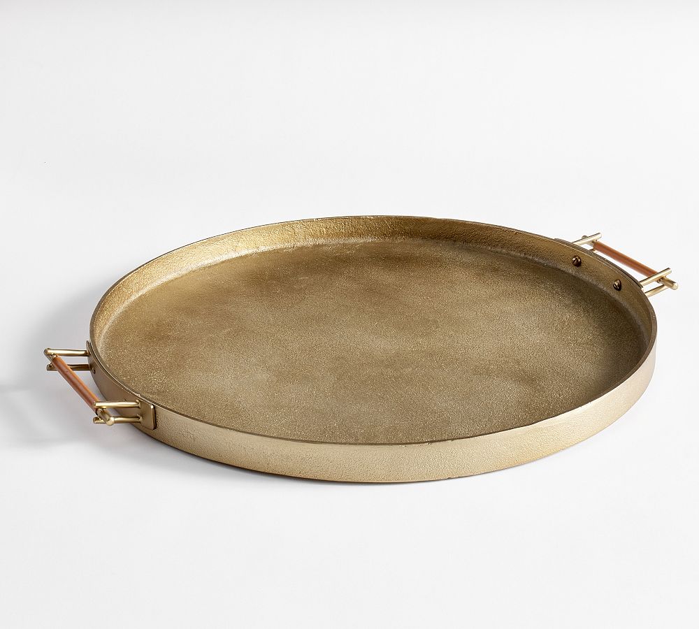 Handcrafted Beltic Brass & Leather Tray - Round, Brass