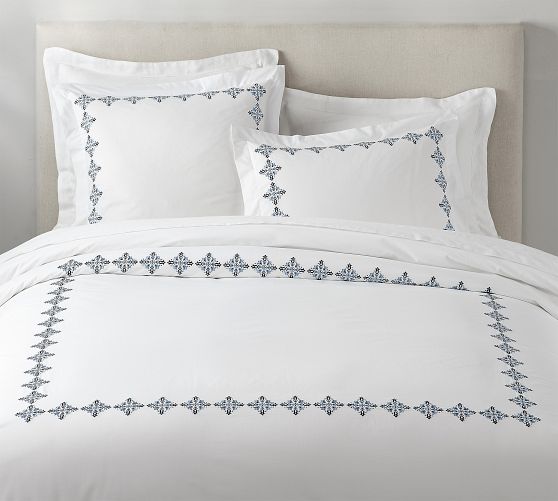 Tile Embroidered Organic Percale Duvet Cover by Pottery Barn