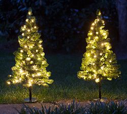 Outdoor Lit Warm LED Faux Winchester Fir Walkway Trees - Set of 2