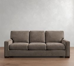 Open Box: Turner Petite Square Arm Leather Sofa with Nailheads (86"W, 39"D), 3X3 - Gravel Pewter, Dark Walnut