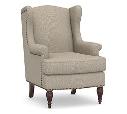 Open Box: Delancey Wingback Armchair - Sunbrella® Performance Herringbone Light Gray, Dark Brown