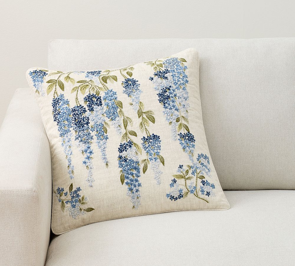 Wisteria Floral Embroidered Pillow Cover - Blue Multi, 18"