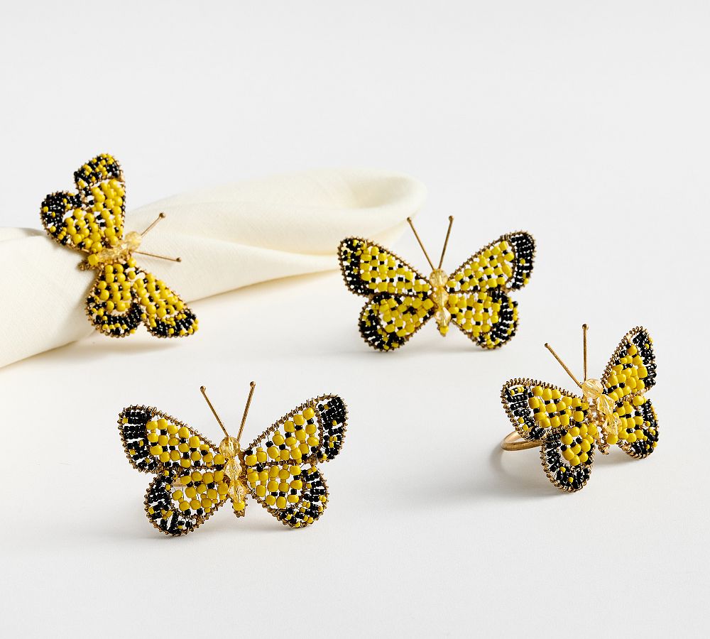 Beaded Butterfly Napkin Rings - Set of 4 - Set of 4 - Yellow