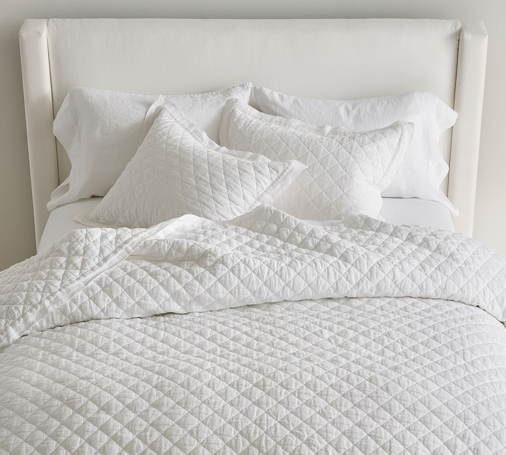 Belgian Flax Linen Diamond Quilt - White, King/Cal. King