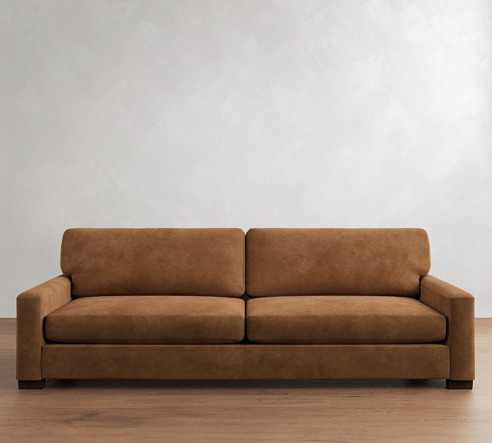 Turner Square Arm Leather Sofa (65"–104") - Dark Walnut Finish, Down Blend Wrapped Cushions, Gravel Walnut
