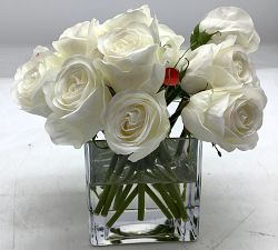 Open Box: Faux Composed Roses in Square Vase (9") - Pure White