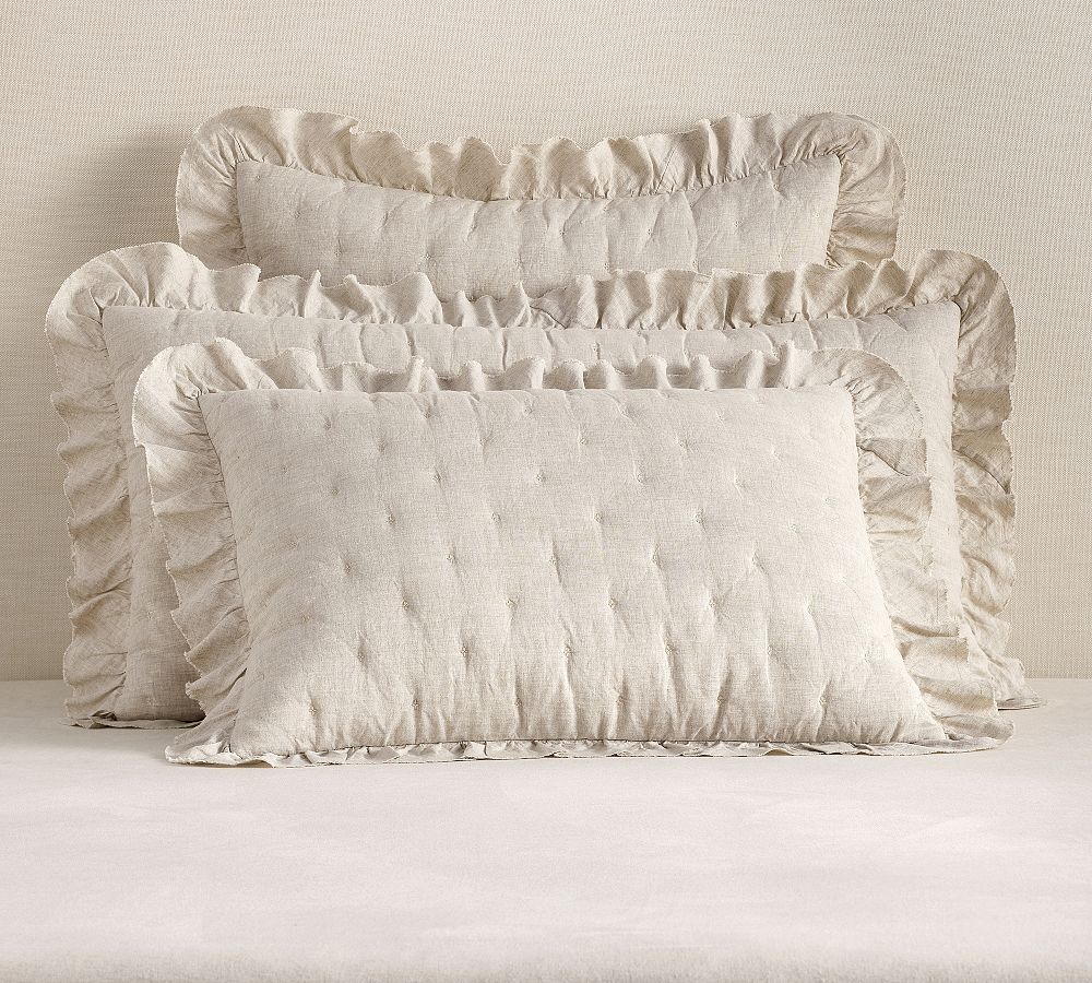 Belgian Flax Linen Ruffle Tufted Quilted Sham by Pottery Barn
