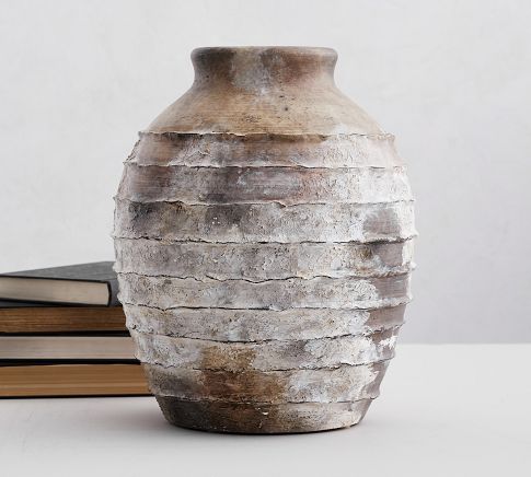 Artisan Handcrafted Terracotta Vase, Ribbed, Natural