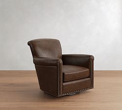 Open Box: Irving Roll Arm Leather Swivel Armchair with Nailheads (33"), Polyester Wrapped Cushions - Statesville Molasses