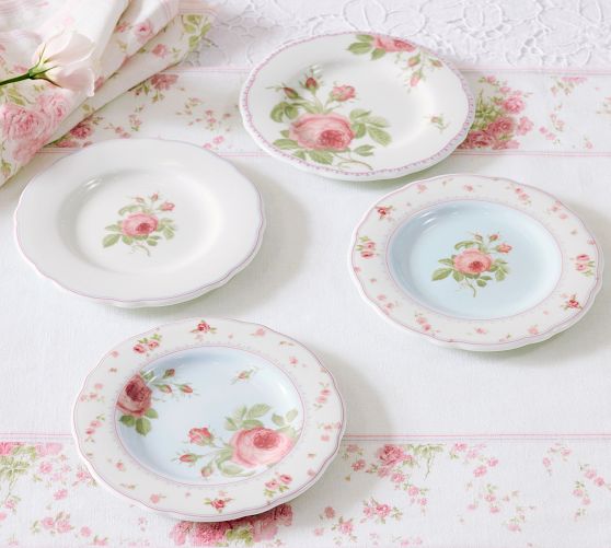 LoveShackFancy Garden Floral Porcelain Appetizer Plates - Mixed Set of 4 by Pottery Barn