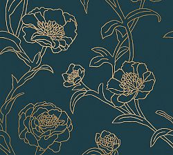 Peonies Peacock Blue/Gold Removeable Wallpaper, Sample
