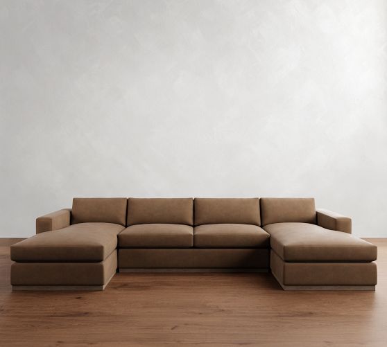 Carmel Wide Arm Leather Wood Base Double Chaise Sectional (144"-176") by Pottery Barn
