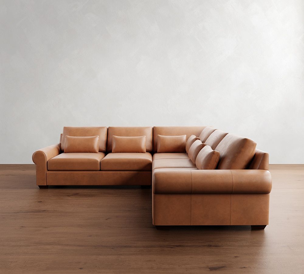 Big Sur Roll Arm Deep Seat Leather 3-Piece L-Shaped Sectional (122") by Pottery Barn