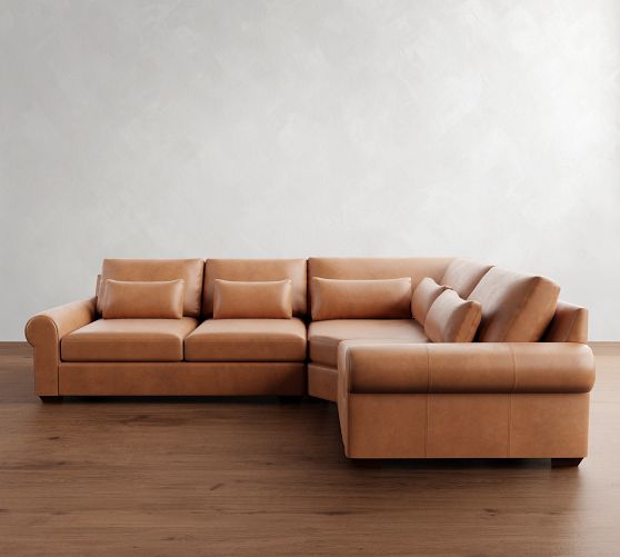 Big Sur Roll Arm Deep Seat Leather 3-Piece Wedge Sectional (130") by Pottery Barn
