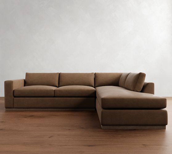 Carmel Wide Arm Leather Wood Base Return Bumper Sectional (113"-125") by Pottery Barn