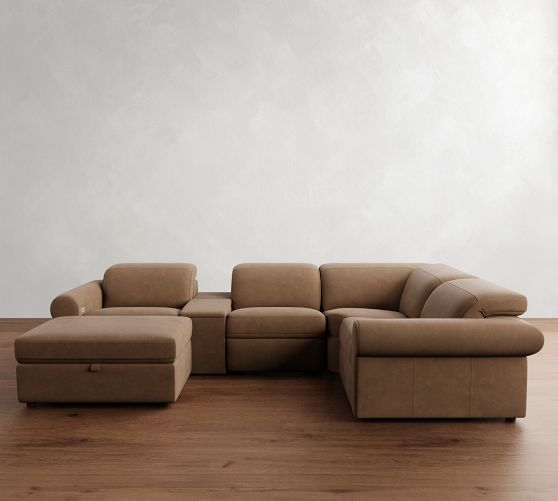 Ultra Lounge Roll Arm Leather Reclining 6-Piece Sectional (130") by Pottery Barn