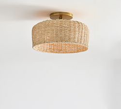 Open Box: Bermuda Rattan Round Flush Mount, Small (12") - Natural, Vintage Brass