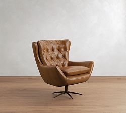 Open Box: Wells Tufted Leather Swivel Chair (34") - Vintage Caramel, Bronze Base