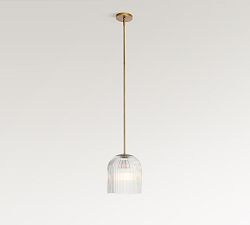 Open Box: Cooper Ribbed Glass Pendant, Small (10"Diam.) - Vintage Brass, Clear