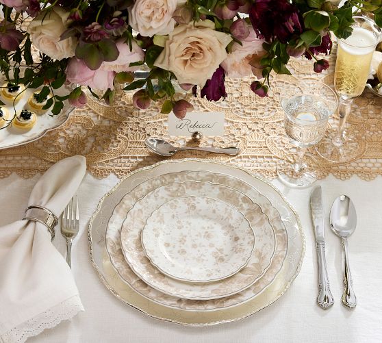 LoveShackFancy Neutral Floral Porcelain Appetizer Plates - Mixed Set of 4 by Pottery Barn
